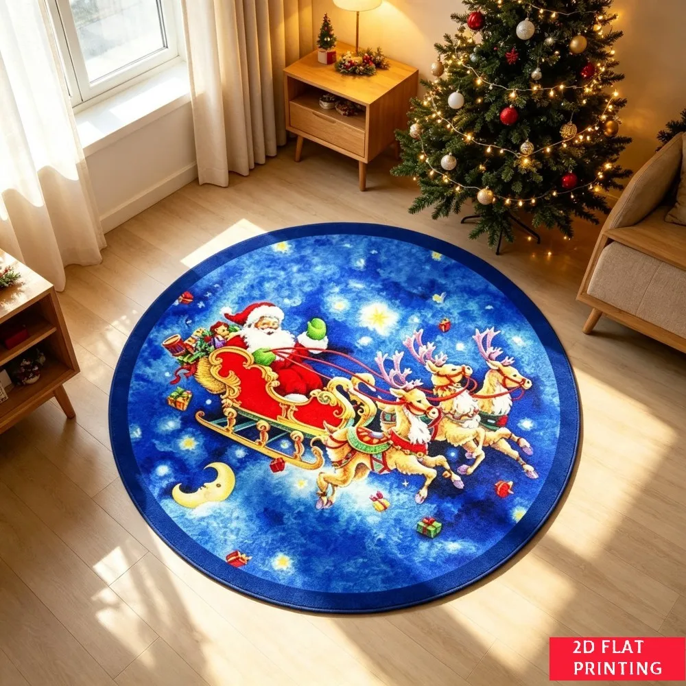 Christmas Teddy Bear Rocking Chair Round Area Rug, Festive Wreath Ornament Printed Circle Carpet, Non-Slip Floor Mat For Holiday