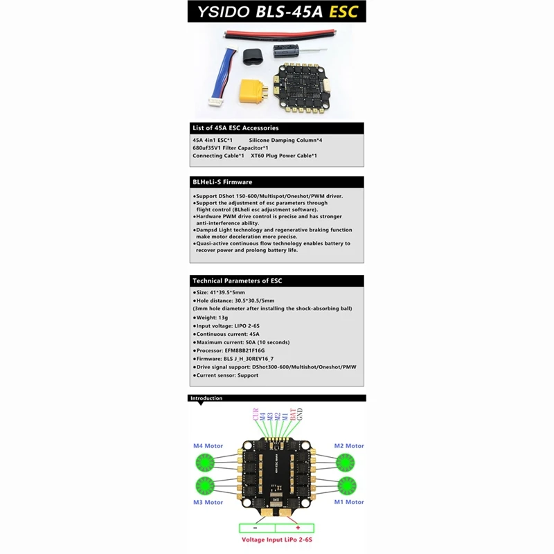BLS-45A 4In1 ESC 2-6S FPV ESC 30X30mm RC FPV 드론용 Dshot300-600/Multishot/Oneshot/PMW 지원