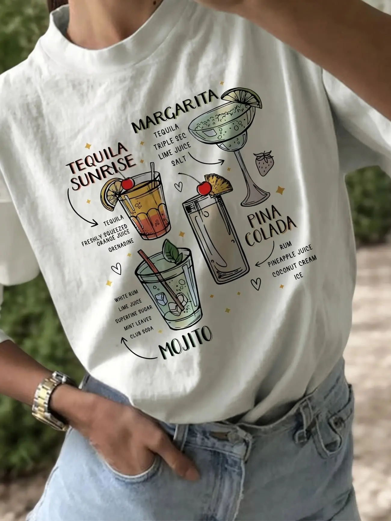 

Plus - Size Casual Bartending Tee, White Short - Sleeve with Cocktail Recipes Pattern