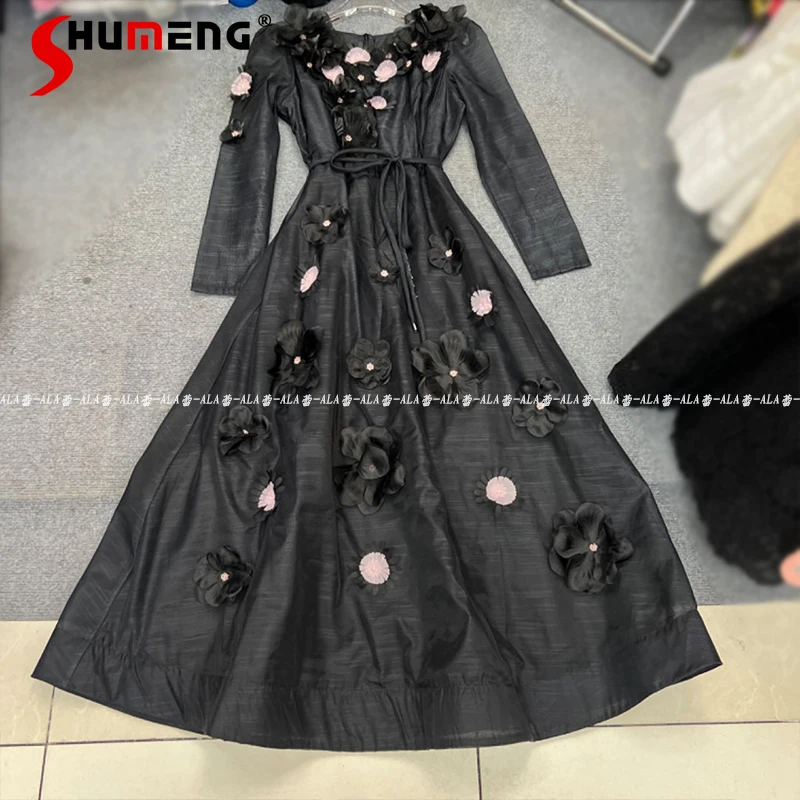 

2024 Early Autumn Fashion Dress High-End Long Sleeve Dresses Feminine Elegant Beautiful Three-Dimensional Flower Fairy Dresses