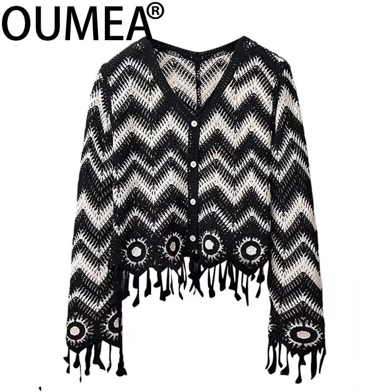 OUMEA Women Crochet Boho Cardigan Wave Pattern Buttons Front Casual Fringed Shirts Long Sleeve Vintage Beach Cover Up Blouse