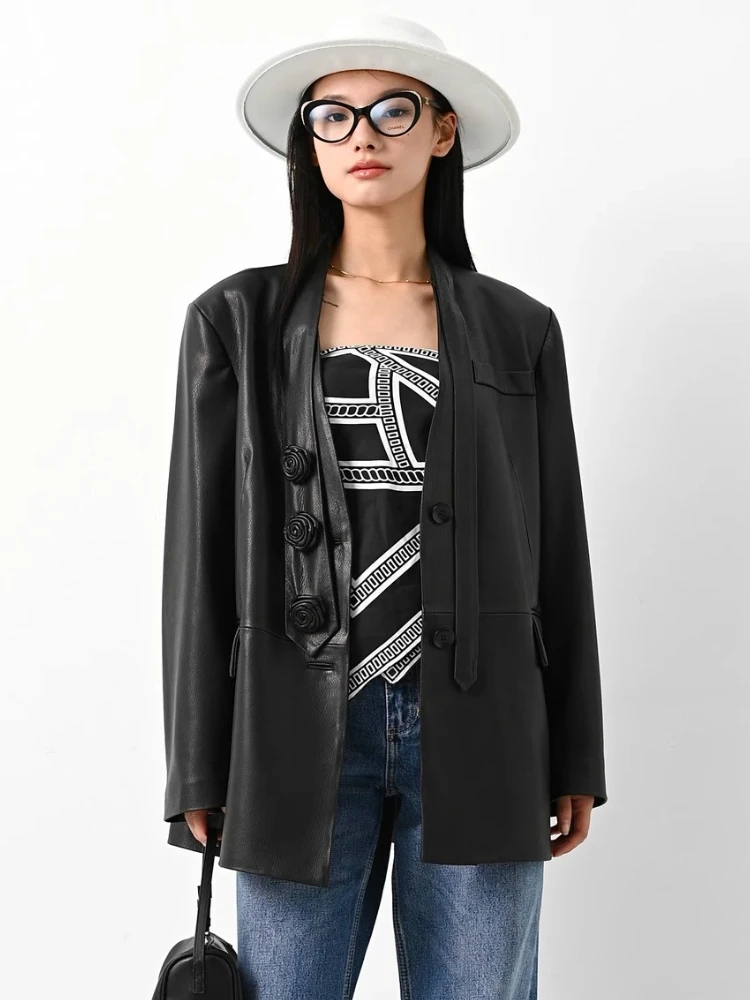 V-neck Elegant Genuine Leather Blazer Jacket for Women Spring Autumn High-end Simple Decal Design Soft Black Real Sheepskin Coat