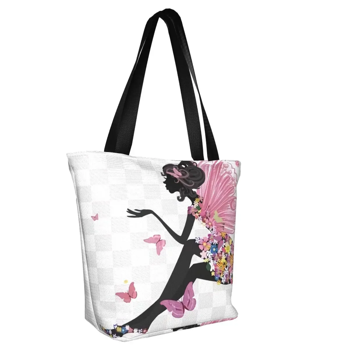 Kawaii Printed Flower Fairy Girl Shopping Tote Bags Portable Canvas Shopper Shoulder Handbag