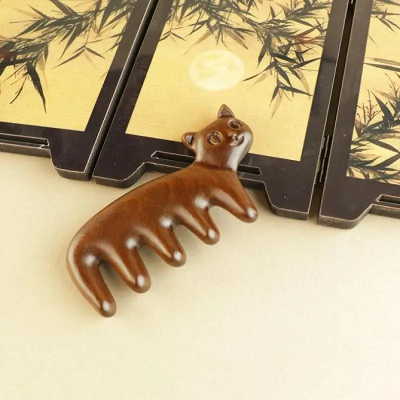 Cat Shaped Sandalwood Comb Scalp Relaxation Acupoint Massager Portable Wooden Handle Five Tooth Comb Anti-static Styling Tools