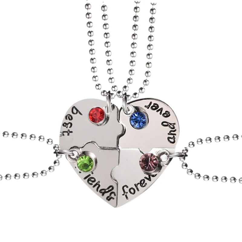 4 Pcs Best Friend Forever Splicing Necklaces Children's Cartoon Necklace Rhinestones Broken Heart Pendant Necklaces