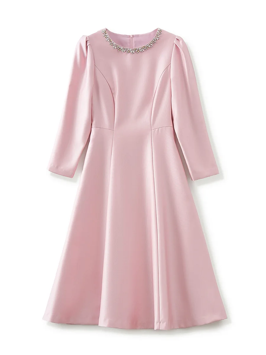 Luksusowe sukienka midi z okrągłym dekoltem wiosenne damskie z długimi rękawami luźne sukienki letnie z wysokim stanem sukienka do kolan na zamek