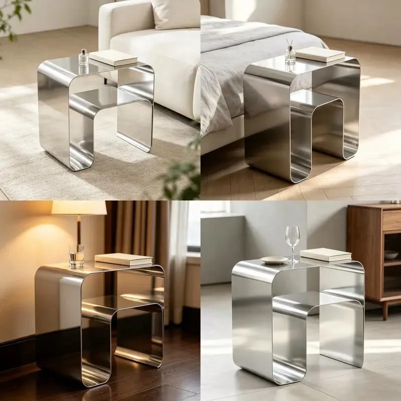 for Modern Convertible U-shaped Curved Stainless Steel Nested Side Table 2-piece Polished Metal Living Room Bedroom Home