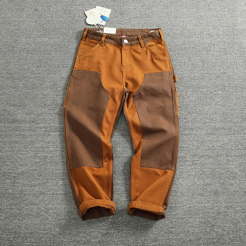 

Autumn and winter high-end vintage work pants for men, made of canvas with a grainy texture, color-blocking design, lumberjack s