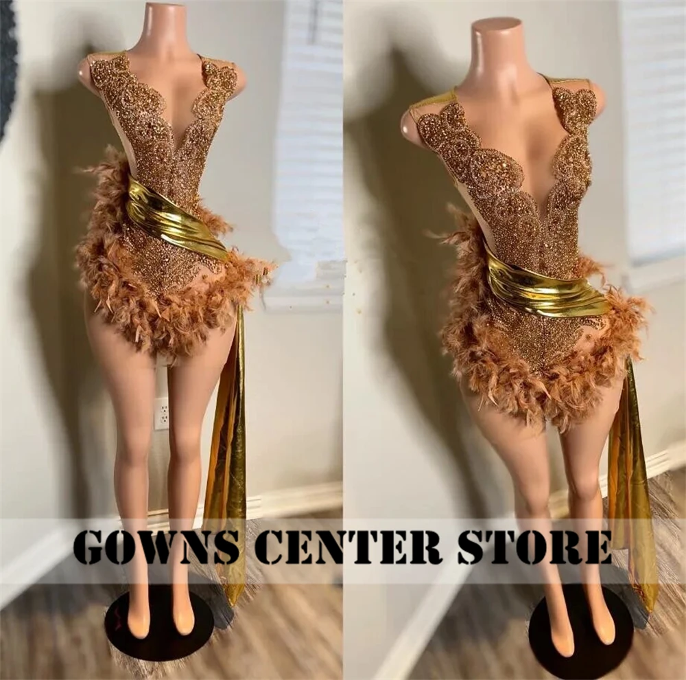 カスタマイズされた卒業式ドレス,クリスタルビーズ,透明なショートドレス,ゴールドフェザー,バースデードレス,ラグジュアリー,2024