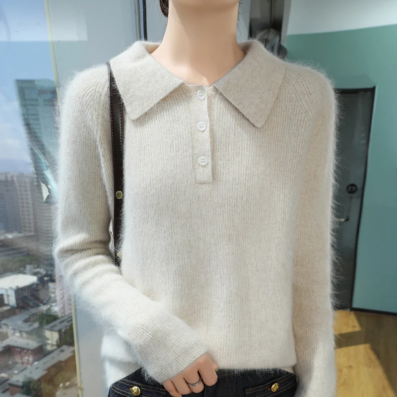 Women's Spring Autumn Polo Collar Pullover Sweater 100% Mink Cashmere Fashion Grace Soft Warm women's clothing Knitwear Tops