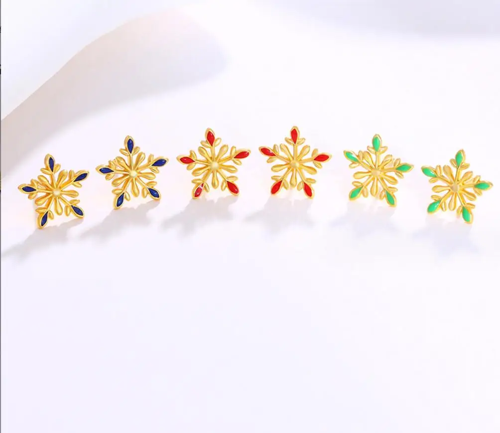2PCS Christmas Earrings, Small Earrings, Enamel Colored Snowflake Earrings Wholesale 24k Gold Plated F1848