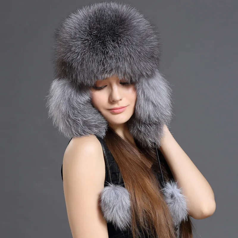 Real Fox Fur Hat For Women Winter Fashion Warm Lei Feng Hats Russians Outdoor Skiing Caps Natural Fur Hat Furry Thick Fur Cap