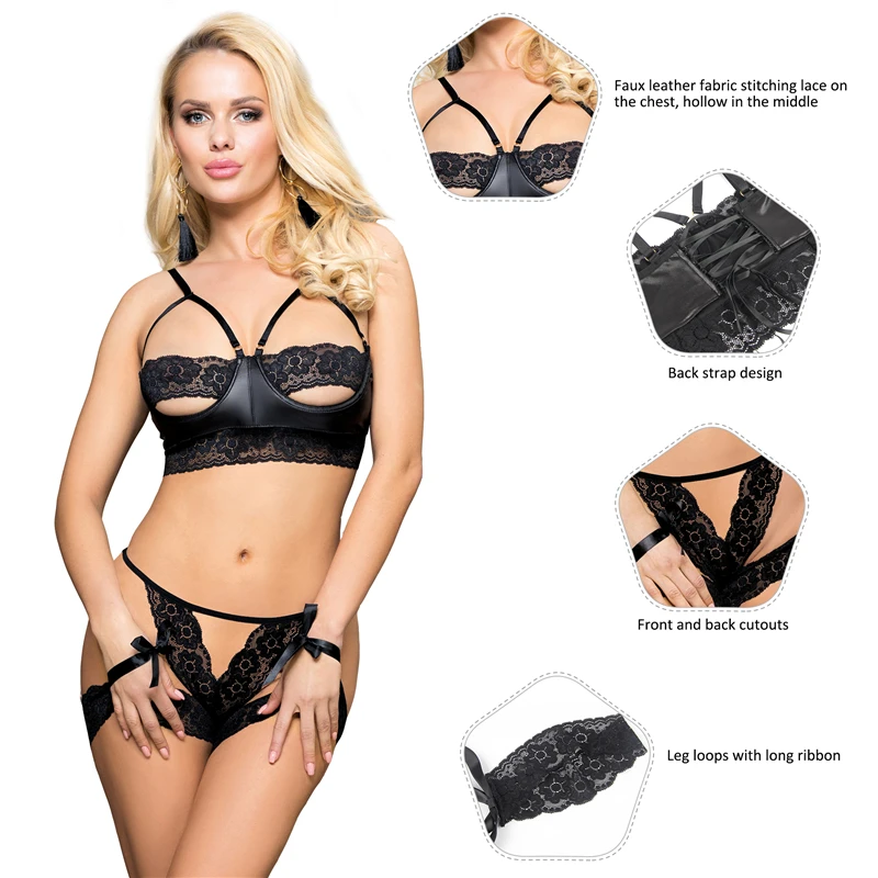 Ohyeahlady Ladies Open Cup Bra Panty Set Underwire Sexy Lace Leather Lingerie Suit Plus Size Hollow Out Underwear With Leg Loops