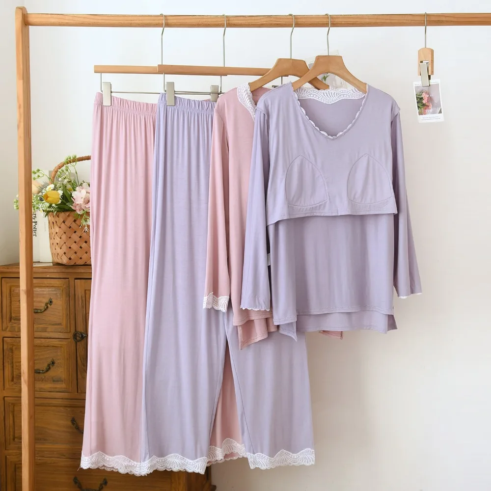 Solid Color Home Wear Modal Chest Pads Pyjamas Sets Woman 2 Piece Pajamas Female Spring Autumn New Long Sleeves Home Clothing