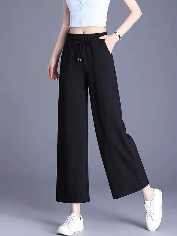 Cotton Linen Wide Leg Pants Women's High Waist Straight Cut Loose Fit Nine Point Summer New Style Commute Style Casual Pants