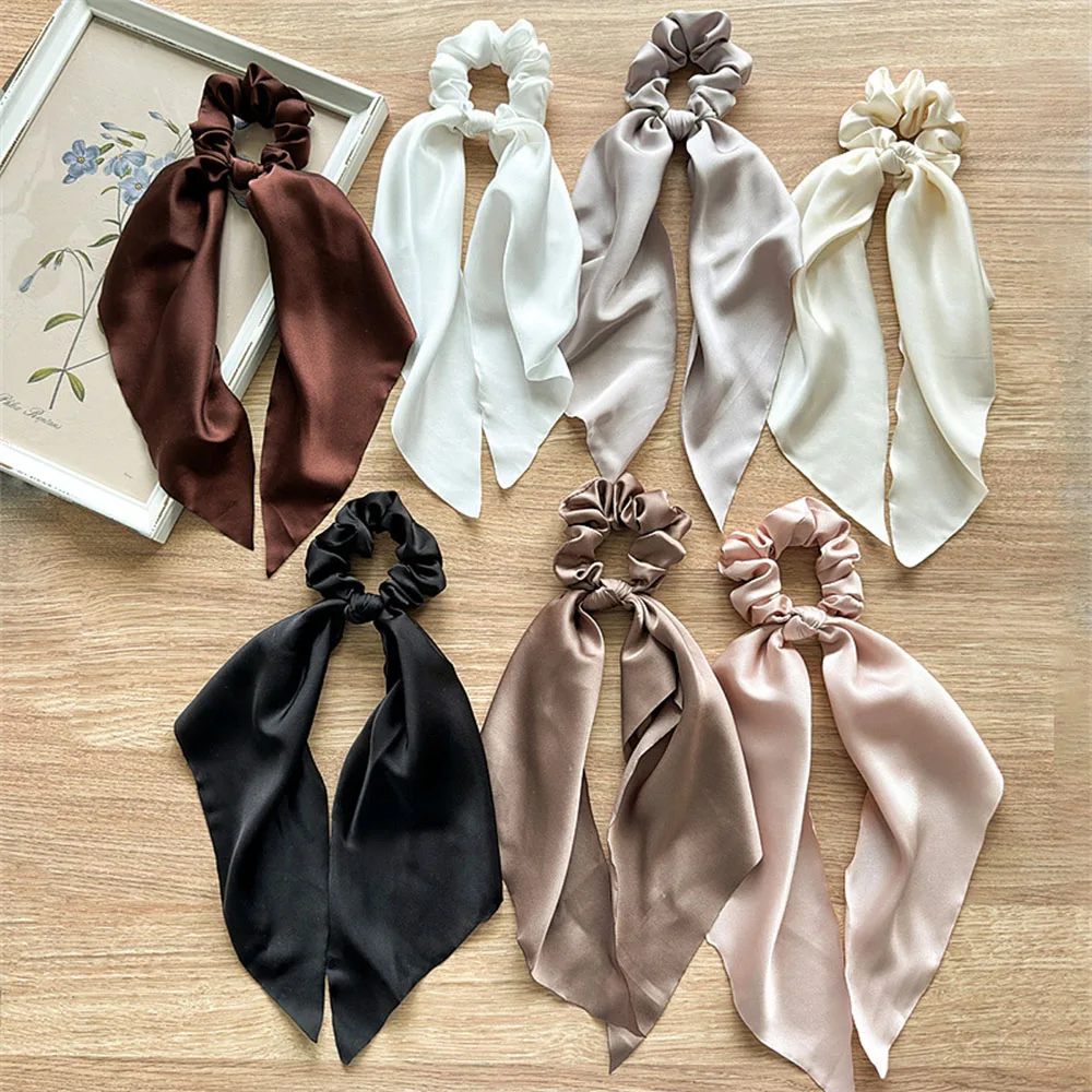 

Fashion Silky Satin Long Ribbon Scrunchies Solid Color DIY Bow Elastic Hair Tie Ponytail Holder Hair Rope Women Hair Accessories