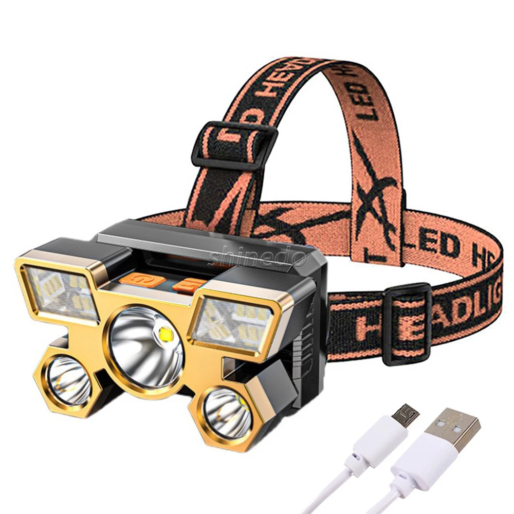 USB Charging Headlight Portable 5 Light Emitting Built-in Battery Flashlight Portable Work Light Fishing Camping Headlight