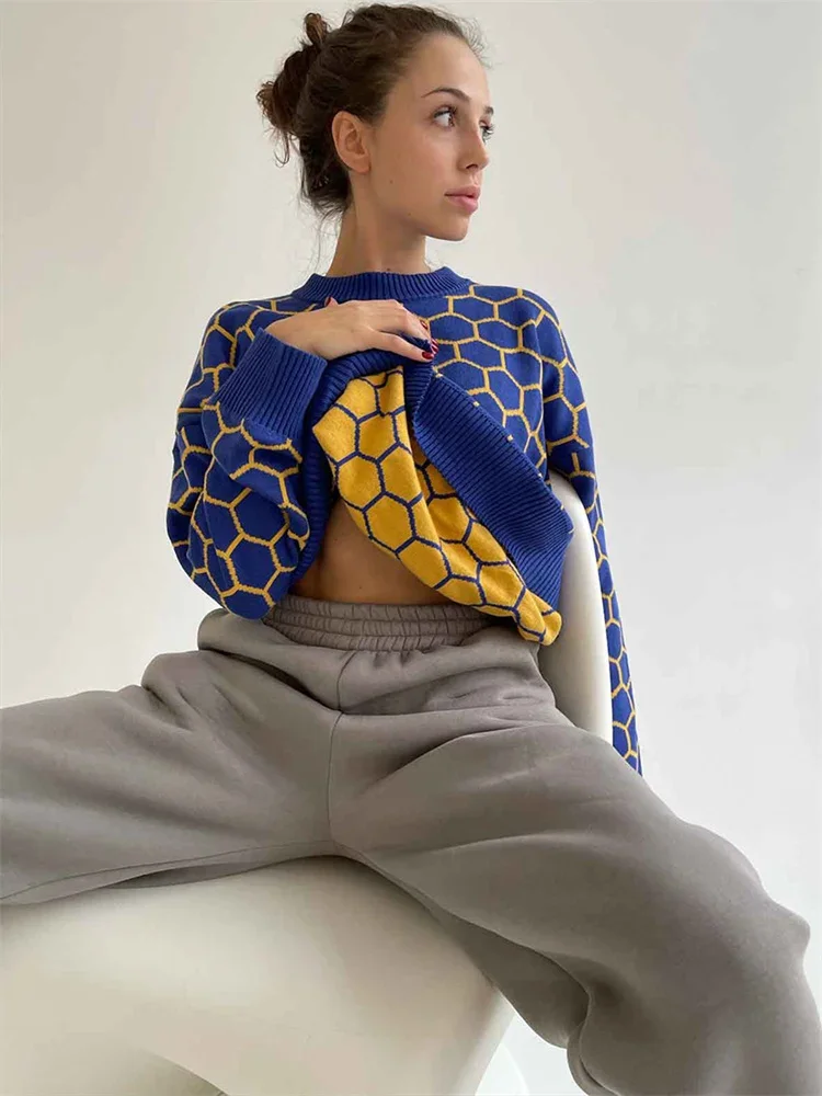 Loose Knit Sweater Pullover Female Fashion Long Sleeve Patchwork Contrast Streetwear Casual Women's 2024 Knitwear Pullover