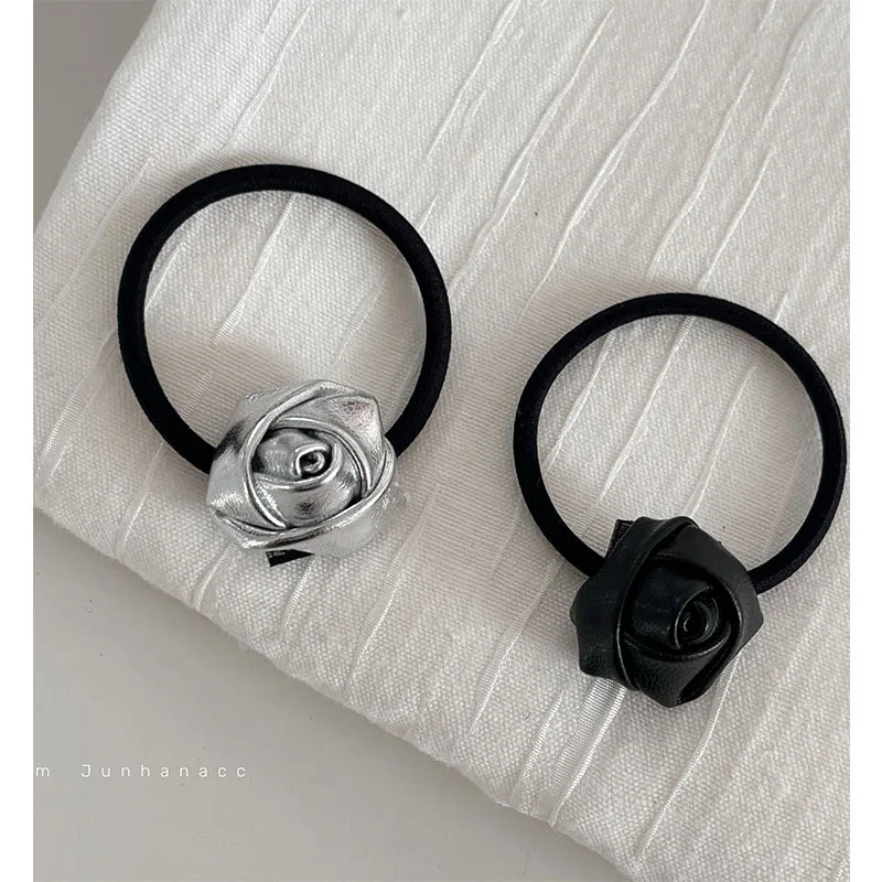 Silver Three-Dimensional Leather Rose Flower Hair Band Tied-up Hair Ponytail Rubber Headband Head Rope Hair Ring HairAccessories