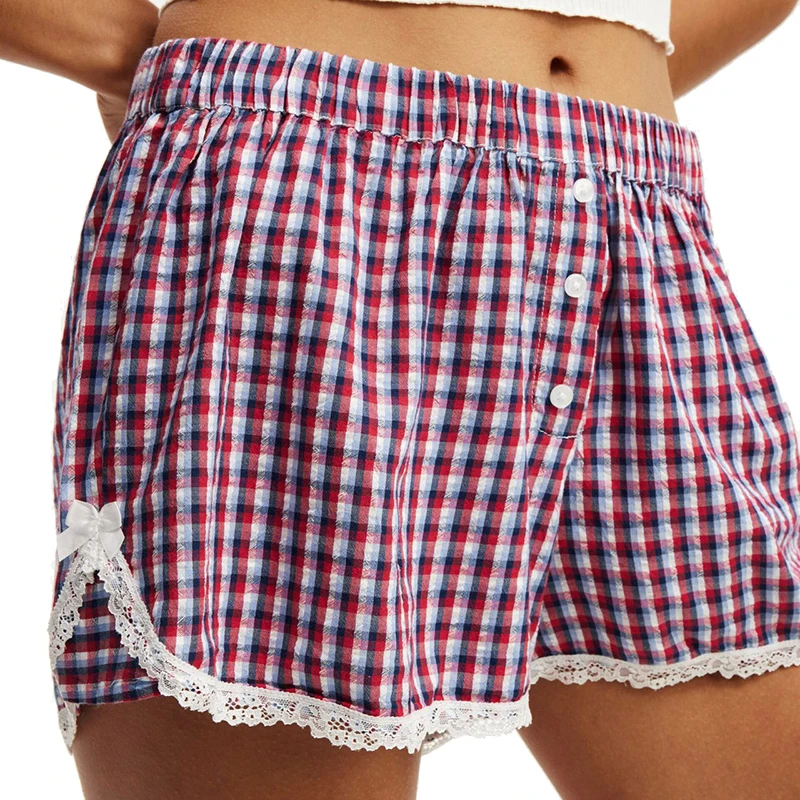 Pantaloncini pigiama casual estivi da donna, vestibilità ampia, fascia elastica, stampa scozzese, pantaloncini da salotto, pantaloni da notte stile tempo libero da donna