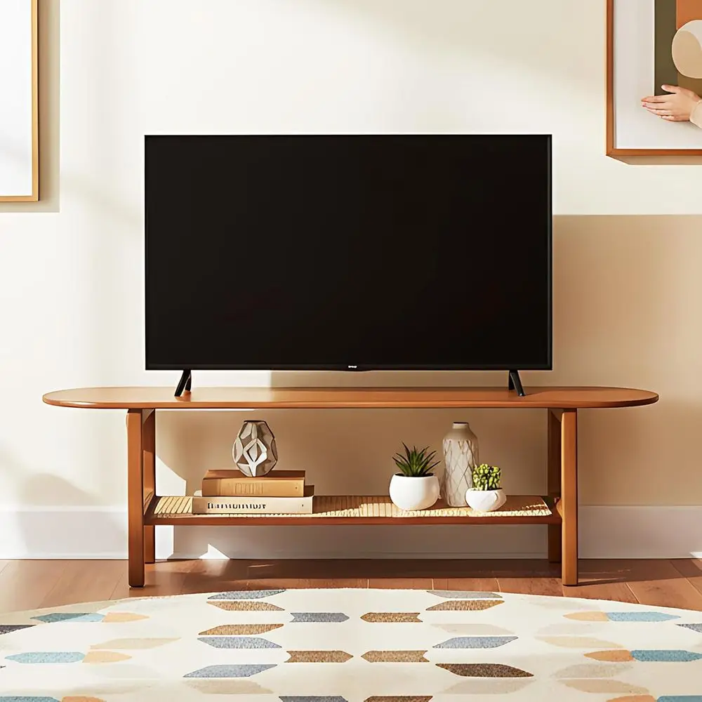 

55-Inch TV Stand with Bamboo Rattan Storage and Open Shelves for Modern Living Spaces
