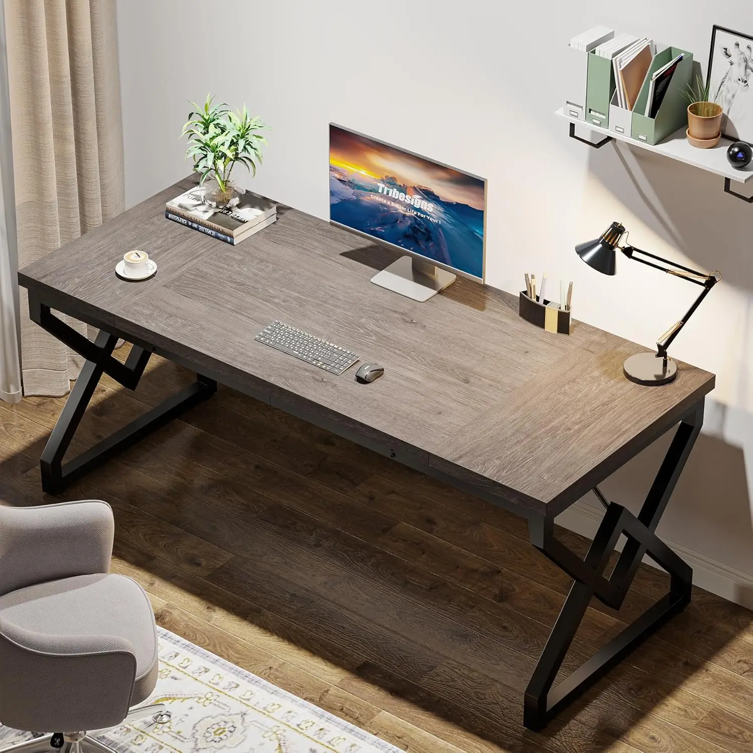 Large Office Computer Desk with Extra Thick Wooden Tabletop and Metal Frame, Modern Simple Workstation Writing Table Study Desk