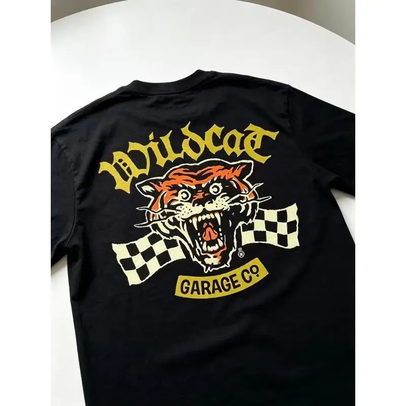 2026 New Wildcat Garage Co Tiger Head Racing Checkered Flag Front Print T Shirt Oversized Unisex Streetwear Hot Rod Graphic Tee