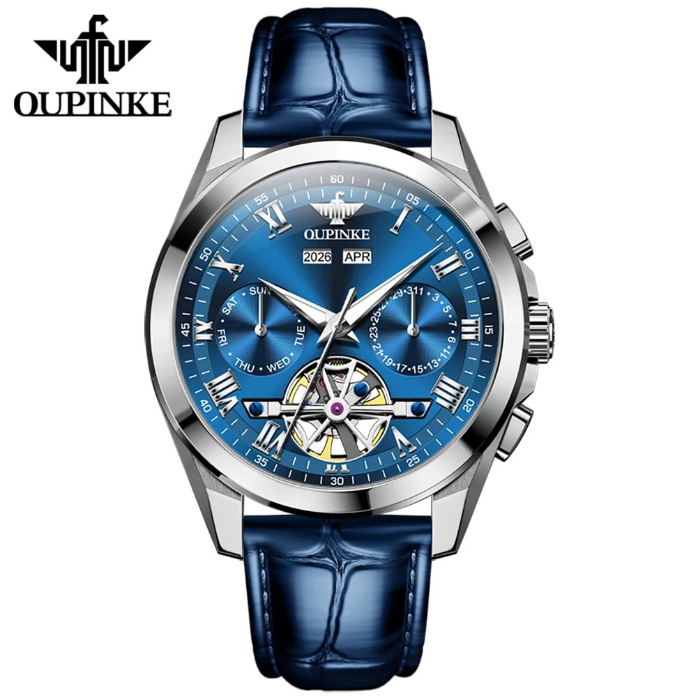 OUPINKE 3281 Automatic Men's Watch Skeleton Flywheel Multi-function Dial Watches Mechanical Wristwatch for Men Waterproof Date