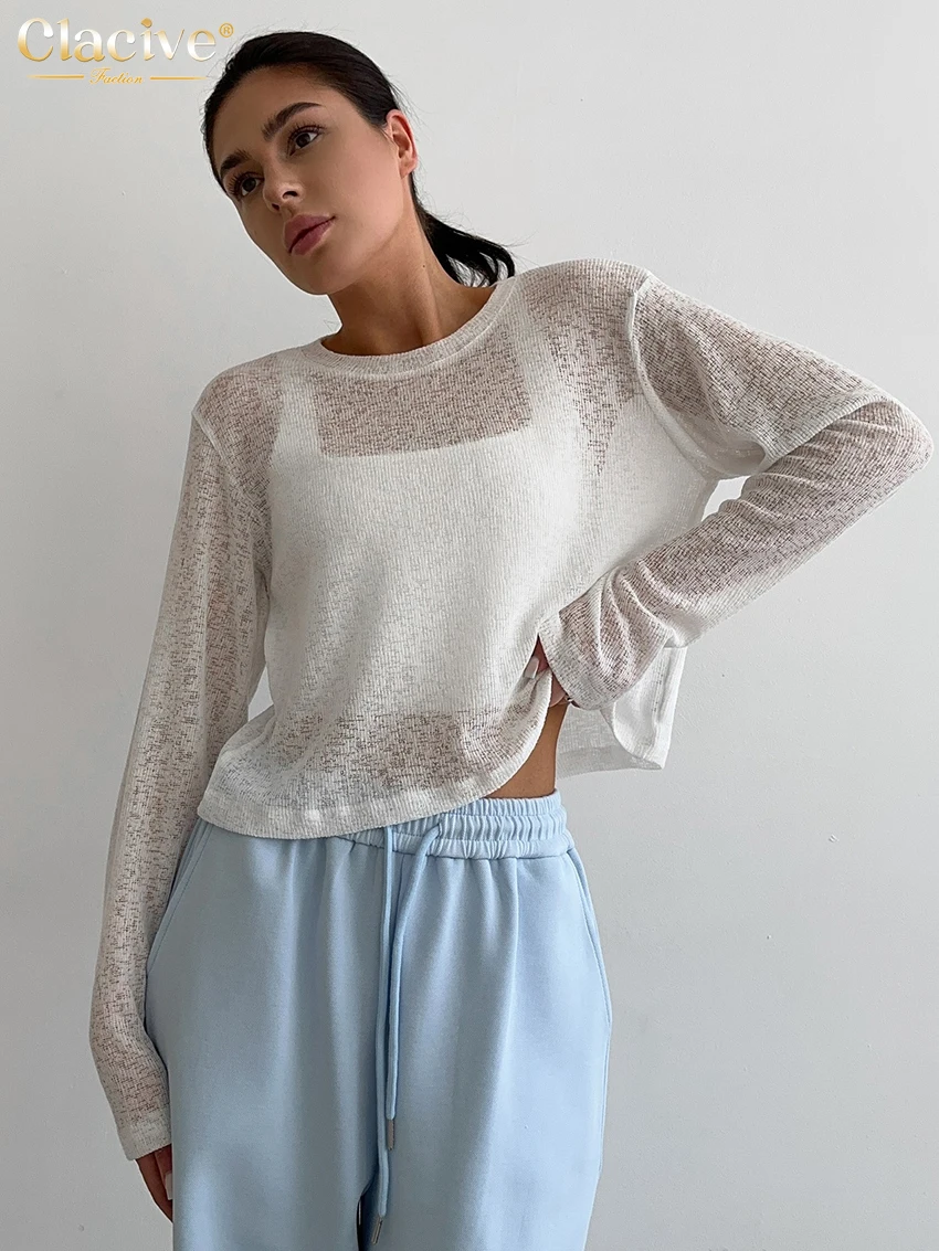 

Clacive Fashion Loose White Women T Shirt 2025 Sexy O-Neck Long Sleeve T-Shirts Elegant Classic See Through Tops Female Clothing