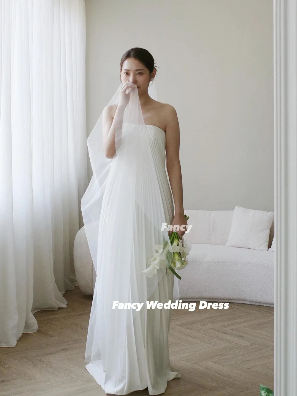 Fancy Elegant Spaghetti Straps Evening Dress A Line Fold Korea Wedding Dress Sleeveless Customized