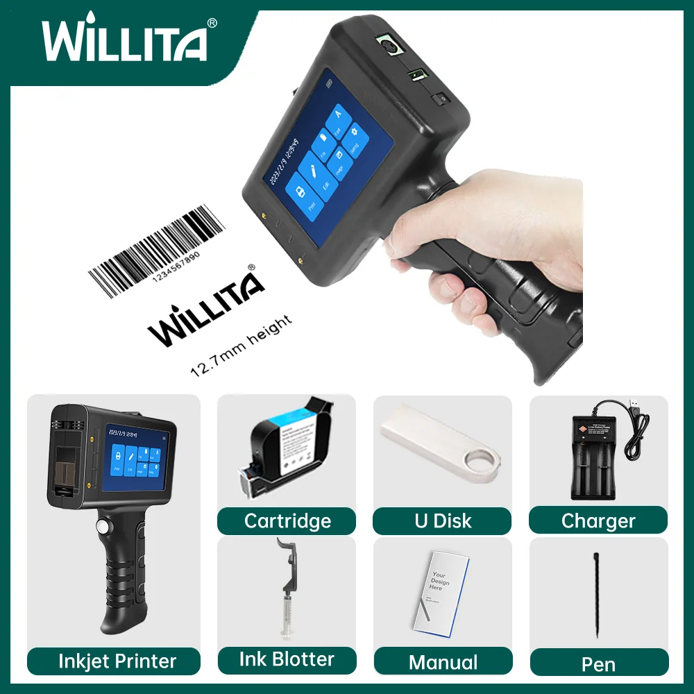 Willita 12,7 milímetros Handheld Inkjet Printer Gun portátil para metal Data de validade Código de barras QR Code Batch Numbers Melhor valor Impressão de logotipo