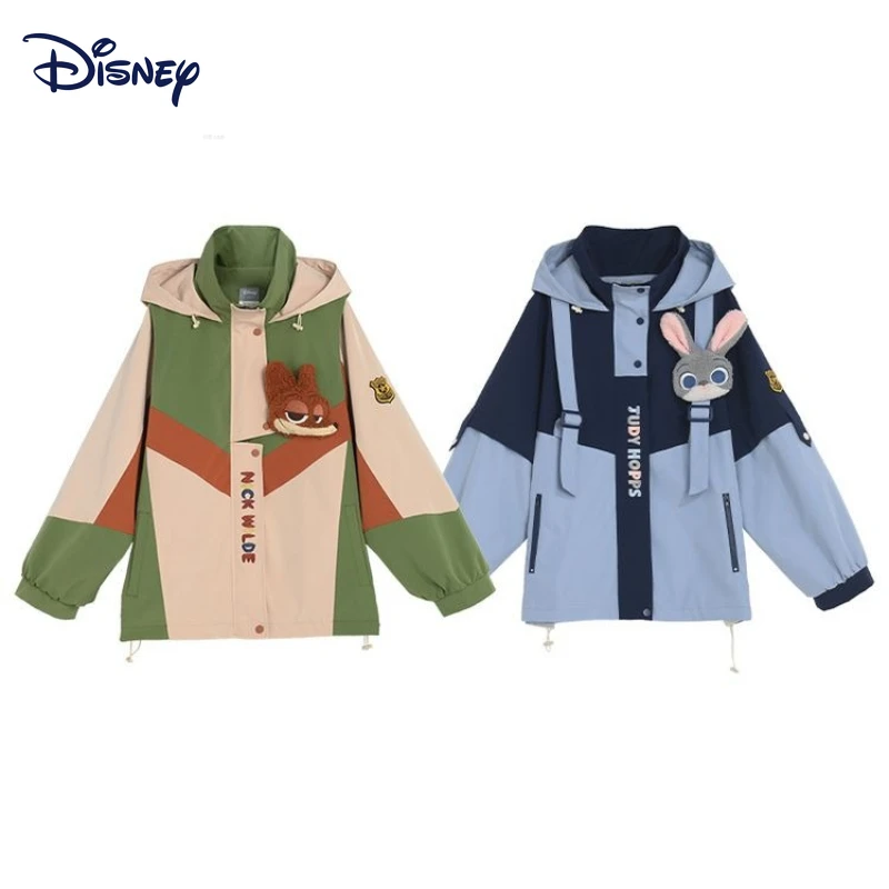 

Disney Zootopia Judy Nick Couples Plush 3D Emblem Hooded Jacket Two-Tone Fleece-Lined Windproof Unisex Winter Couple Coat Gift