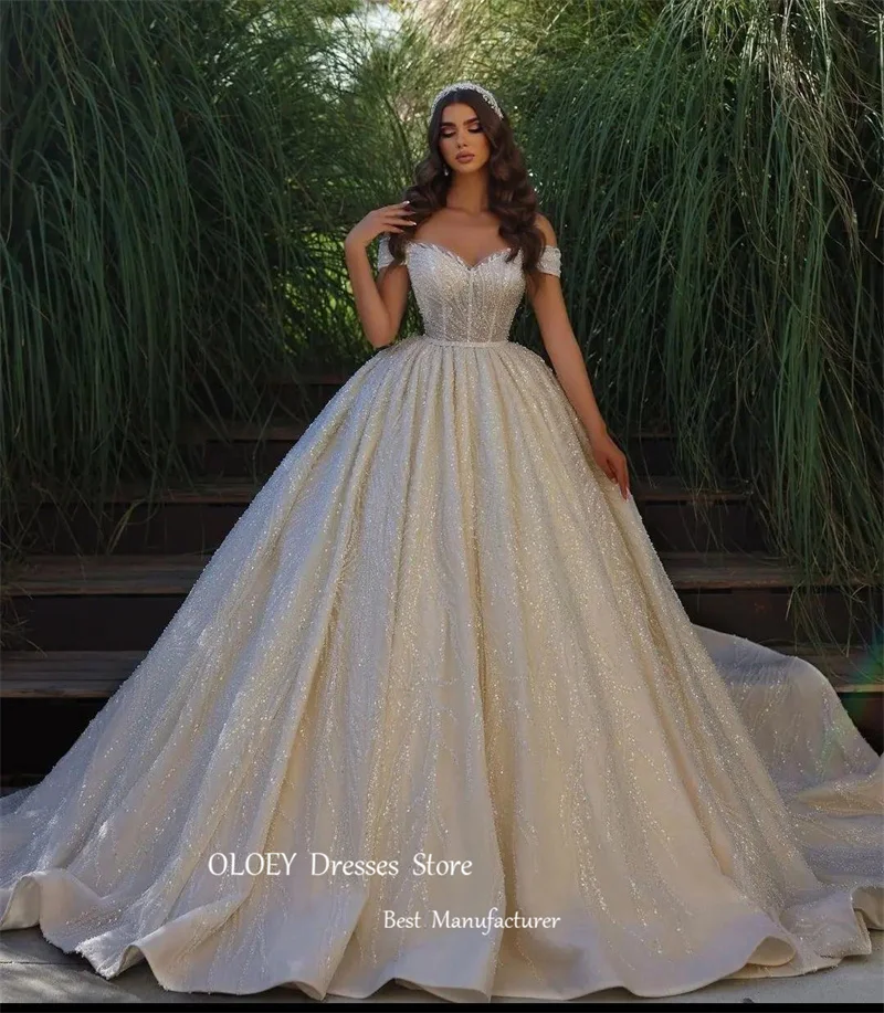 

OLOEY Sparkly Dubai Arabic Women Glitter Wedding Dresses Off Shoulder Sleeves Shiny Bridal Gowns Chapel Train Vestido de noiva