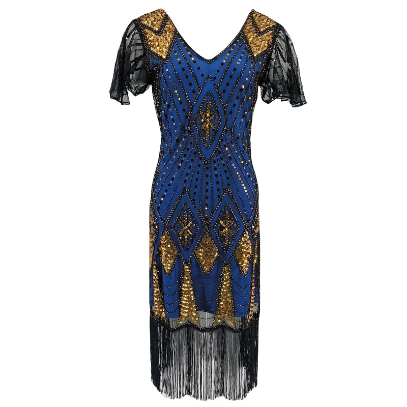 Sexy V-hals Vlinder Mouw Blauwe Pailletten Jurk Jaren 1920 Vrouwen Flapper Fringe Jurk Plus Size Gatsby Stijl Jurk 20s Kostuum