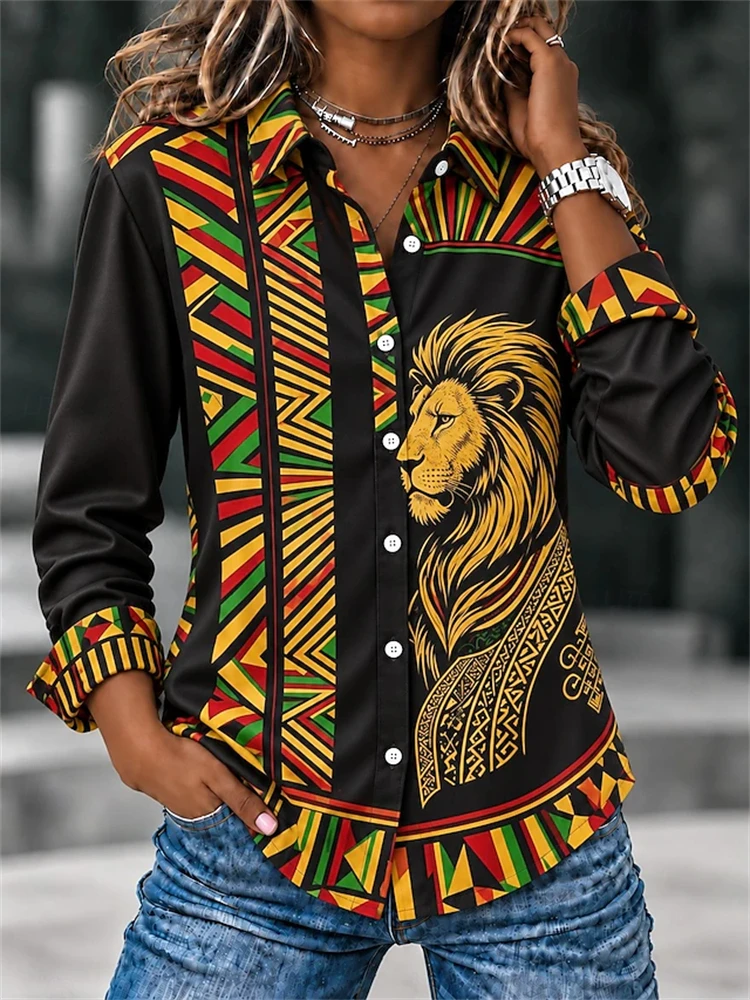 Women’s Long-Sleeve Shirt for Autumn 2026 Vintage-Style Fierce Lion Print Button-Down Loose Fit Casual Top for Outdoor Vacations
