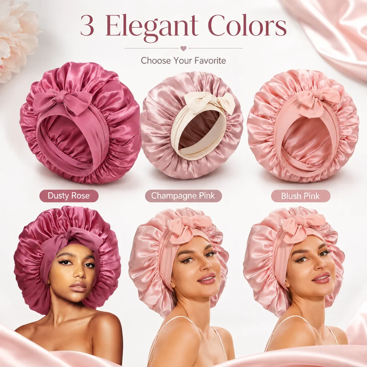 Wide Edge Satin Bow Streamer Sleep Cap Imitation Silk Waterproof Shower Hat Salon Hair Care Head Cover