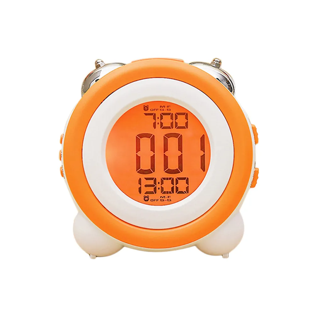LED Double Bell Alarm Clock Orange Color Mute Quiet No Ticking Sound Bedroom Decor Living Room Office Desktop Electronic