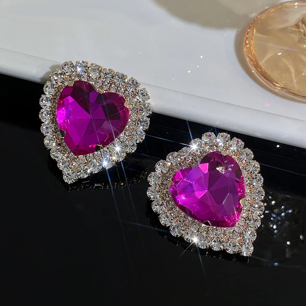 Freetry Luxury Full Rhinestone Heart Stud Earrings for Women Romantic Sparkling Hot Pink Love Earrings Engagement Jewelry