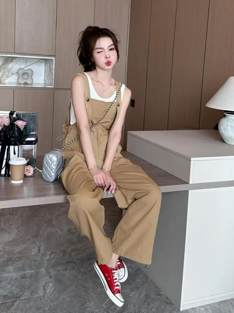 Korean Version Women Khaki High Waist Loose Fashion Wide Leg Jumpsuit Spring Summer Casual Elegant Drawstring Pleated Dungarees