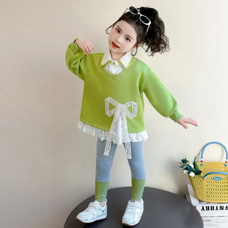 Girls Long Sleeved Lace Collar Pants Suit Girls Spring and Autumn New Bow T Shirt Leggings Children's Shirt Skirt Two Piece Set
