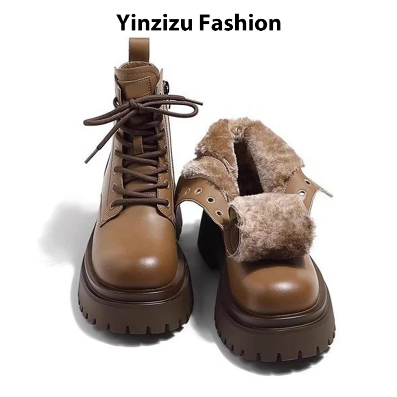 أحذية الثلوج للنساء شتاء دافئ أفخم الأحذية السيدات جولة تو كعب مكتنز انقسام الجلود الدافئة الفراء أحذية بوت قصيرة للفتيات