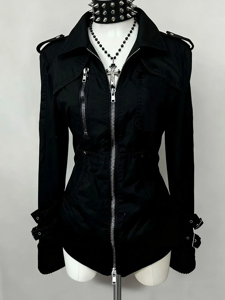 Gothic Lolita Y2K Streetwear Jacket Women Vintage Biker Zip Buckled Cuffs Cross Charm Slim Fit Harajuku Alternative Fashion 2026