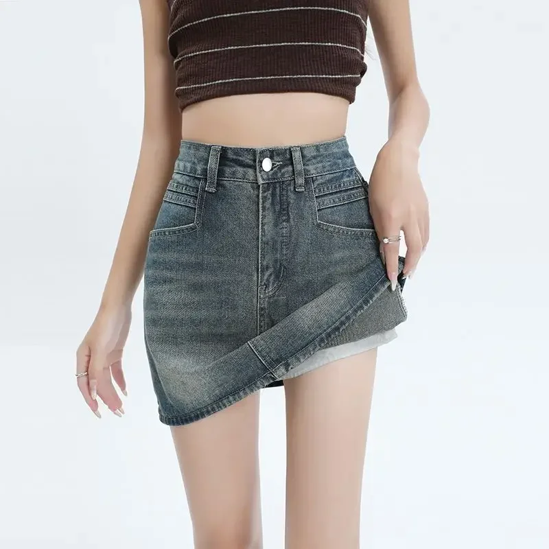 여름 다목적 짧은 스커트 여성 패션 섹시 슬림 하이 웨이스트 랩 힙합 미니 스커트 여성 한국어 세련된 포켓 a 라인 데님 스커트