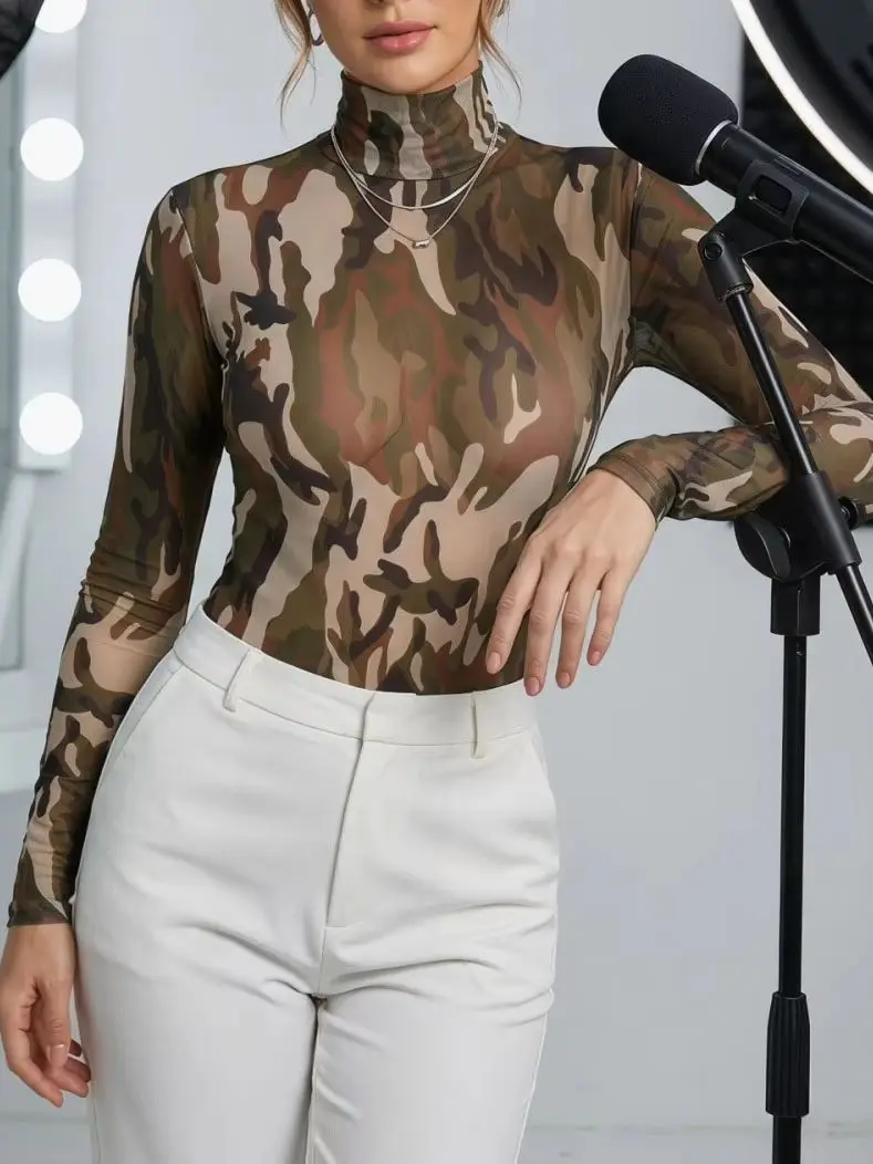 Leopard Camouflage Prints Mesh Long Sleeve Bodysuit Turtleneck High Cut Button Crotch Sukumizu Tights See Through Body Teddies