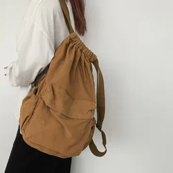 Girl Solid Color Retro Style Canvas Korean Casual Women Backpack Harajuku High School Students Washed Canvas Drawstring Backpack