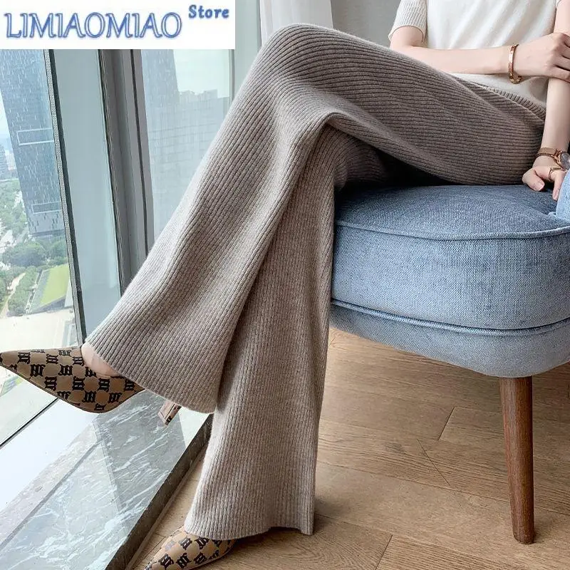 New Wool Wide-Leg Pants Women High Waist Loose Mop Slimming Outside Wear Bell-Bottom Pants High-End Thickening Knitted Trousers