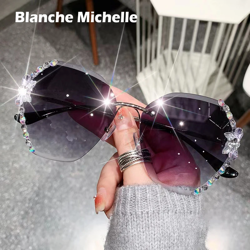 

Fashion Rimless Vintage Rhinestones Sunglasses Women UV400 Sun Glasses Brand Design Sunglass Gradient Lens Shades With Box