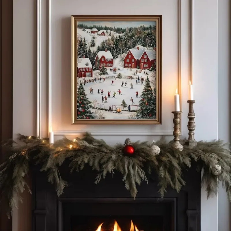خمر الشتاء مدينة عيد الميلاد قرية المشارك عيد الميلاد المشهد الثلجي يطبع حائط لوح رسم الفن صور غرفة المنزل ديسمبر