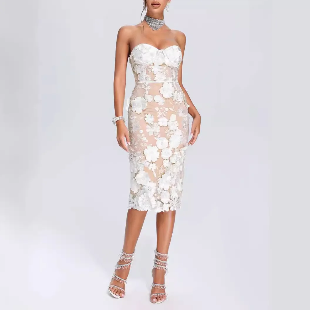 Vestido de novia elegante para fiesta de noche, vestido de novia bordado de encaje francés blanco de verano Floral de lujo para halloween, ropa para mujer