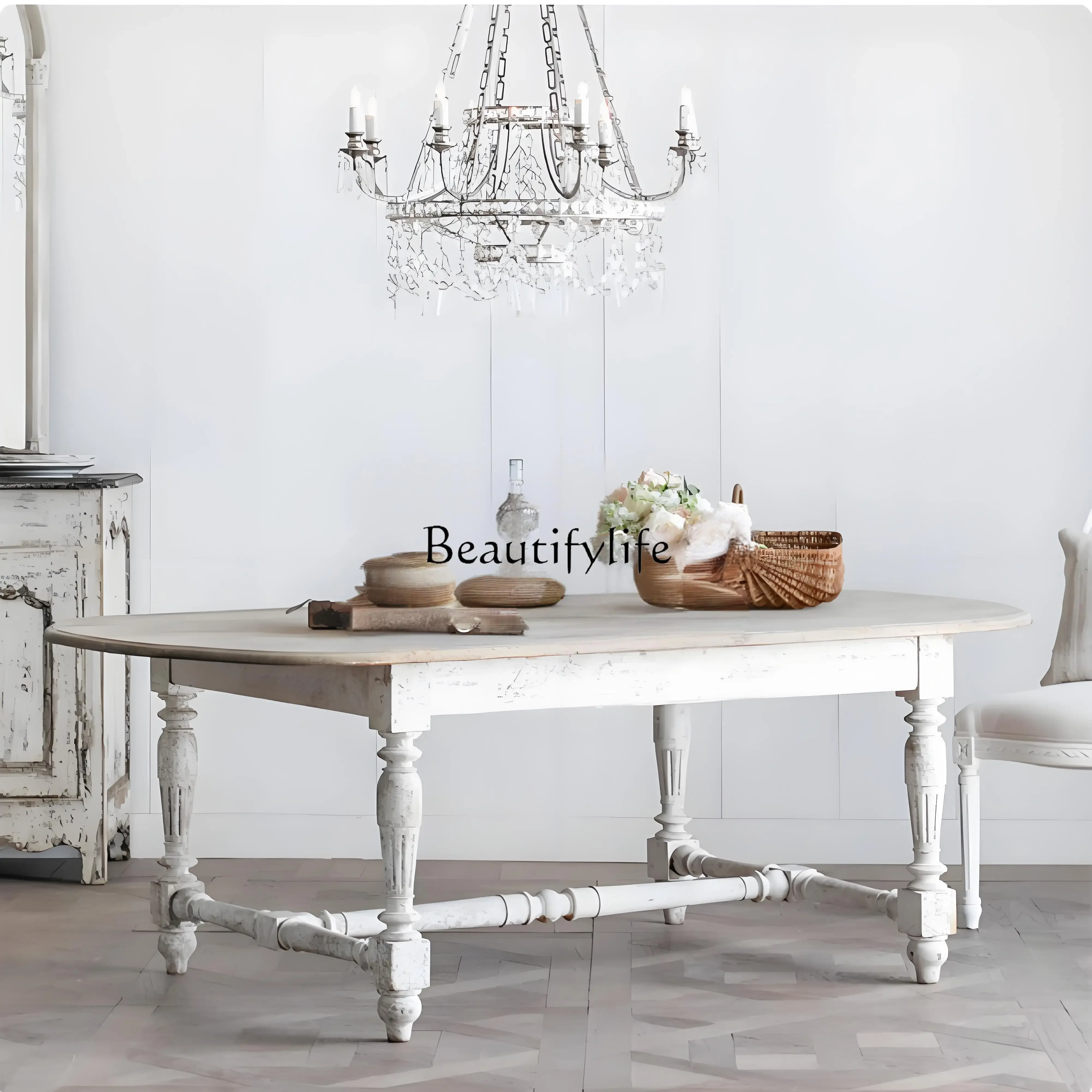 

yj21 French Antique Dining Table Vintage Distressed Solid Wood Roman Column Villa Oval Dining Table